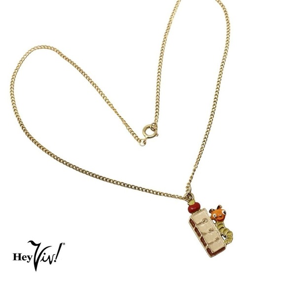 Vintage 80s Enamel Charm Necklace School Teacher Ruler Book Worm in Box- Hey Viv - Picture 4 of 7